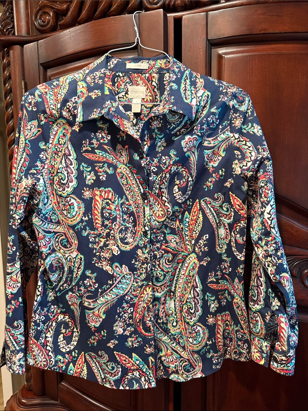 Chico's Navy Paisley Button-Front Blouse with Multicolor Accents